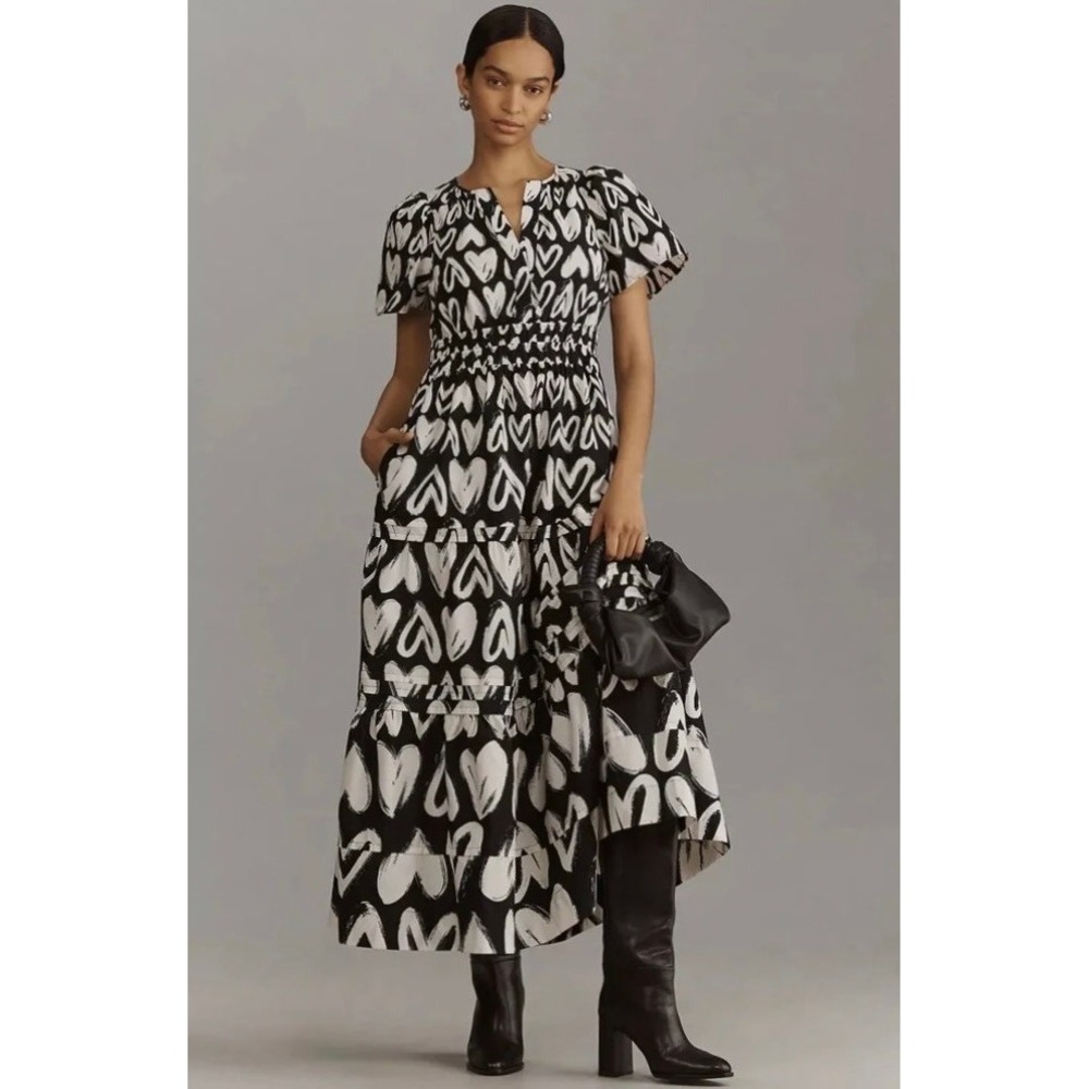 ANTHROPOLOGIE Somerset Heart Print Smocked Maxi Dress Black White Hearts Large